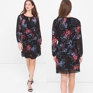 White House Black Market black floral long sleeve blouson dress 6 B24